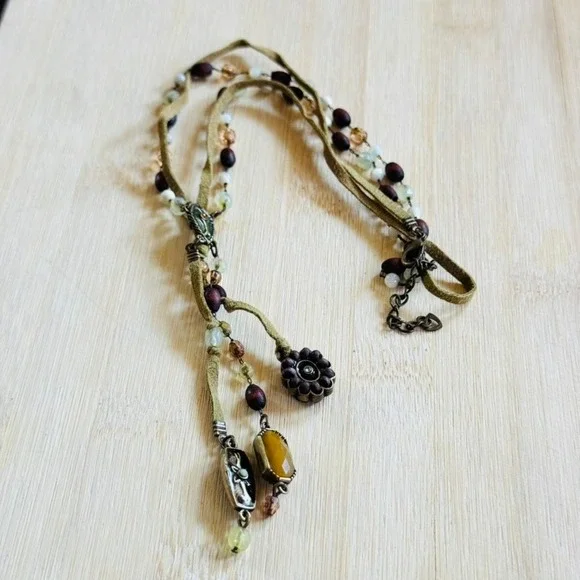 BOHO Y2K Tassel Groovy necklace Bronze Crystal Mother of pearl Indie Brass 17.5" - Picture 4 of 5